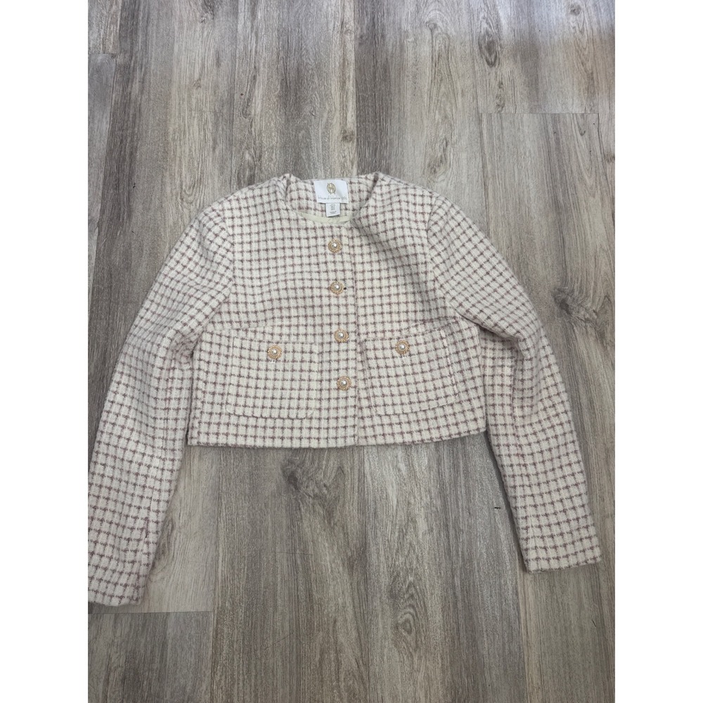 House of Harlow 1960 Womens Cropped Tweed Jacket Pink Cream Pearl Button Small - Picture 2 of 8